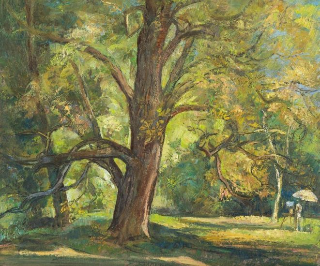 Le peintre et l'arbre (huile sur bois) - 46 x 38 cm